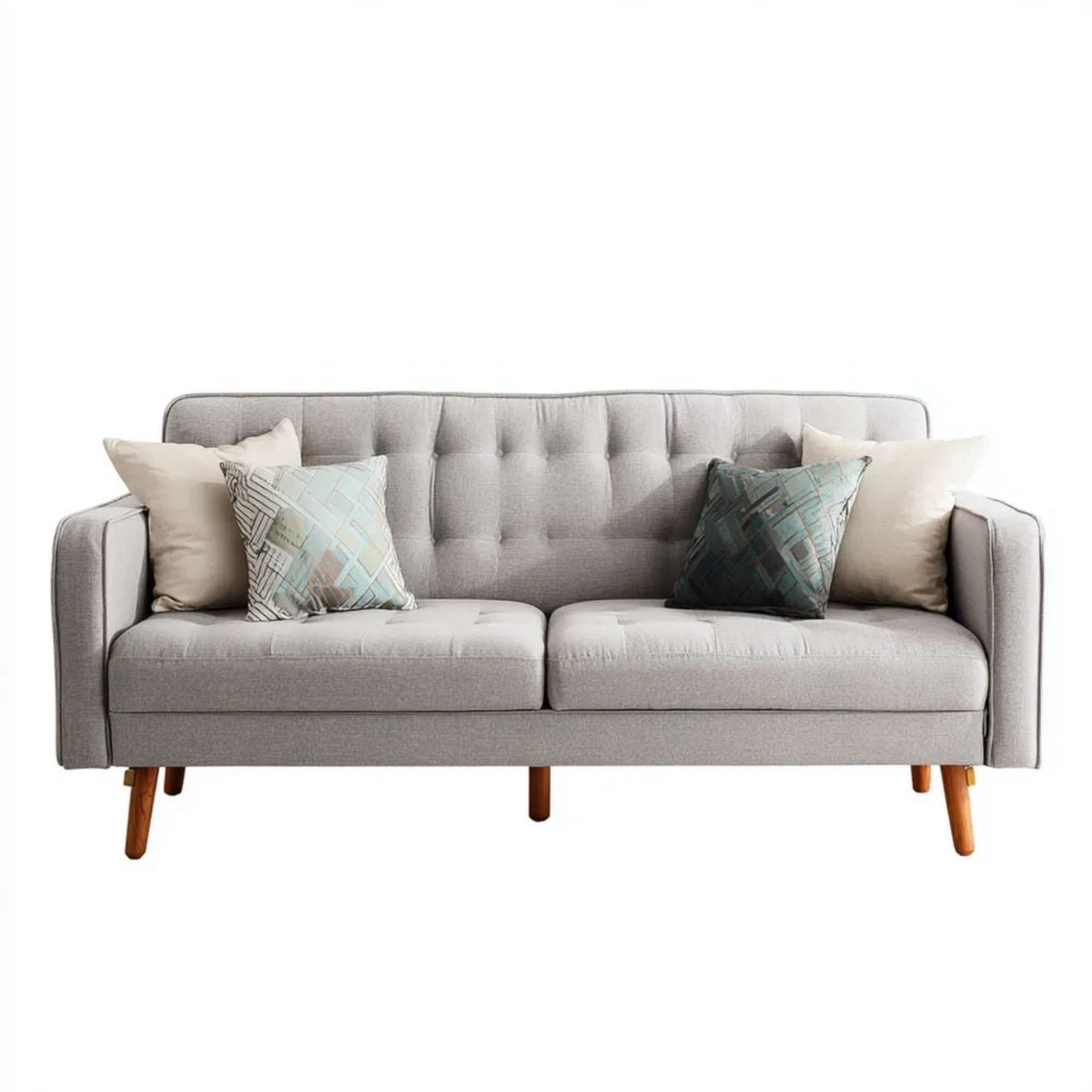 Trzyosobowa sofa tapicerowana jasnoszara z drewnianymi nóżkami, 200 × 85 × 85 cm