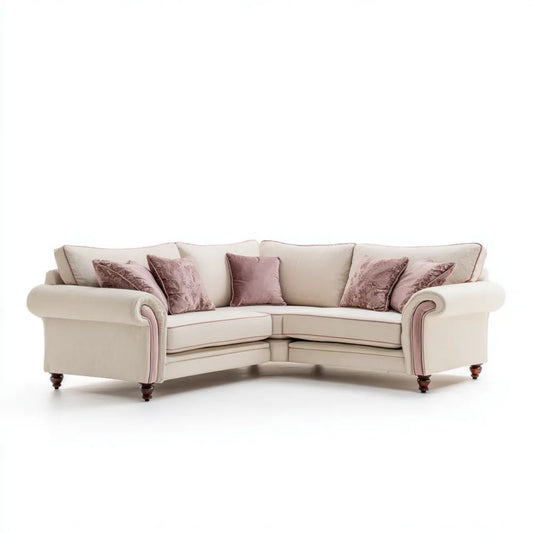 3-osobowa sofa narożna w kształcie litery L, kremowa z różowymi detalami, tapicerowana poliestrem, 250 x 100 x 95 cm