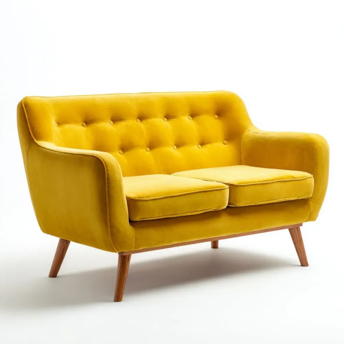 Dwuosobowa sofa aksamitna musztardowa 140 × 80 × 85 cm z drewnianymi nogami