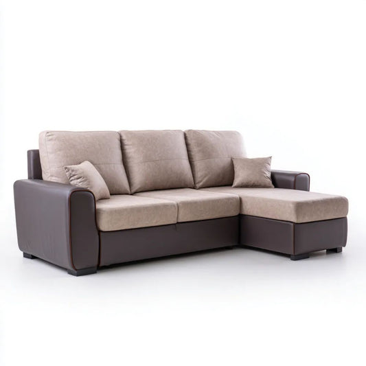 Brązowo-beżowa sofa narożna z prawostronnym szezlongiem, tapicerowana tkaniną i PU, 260 × 160 × 90 cm